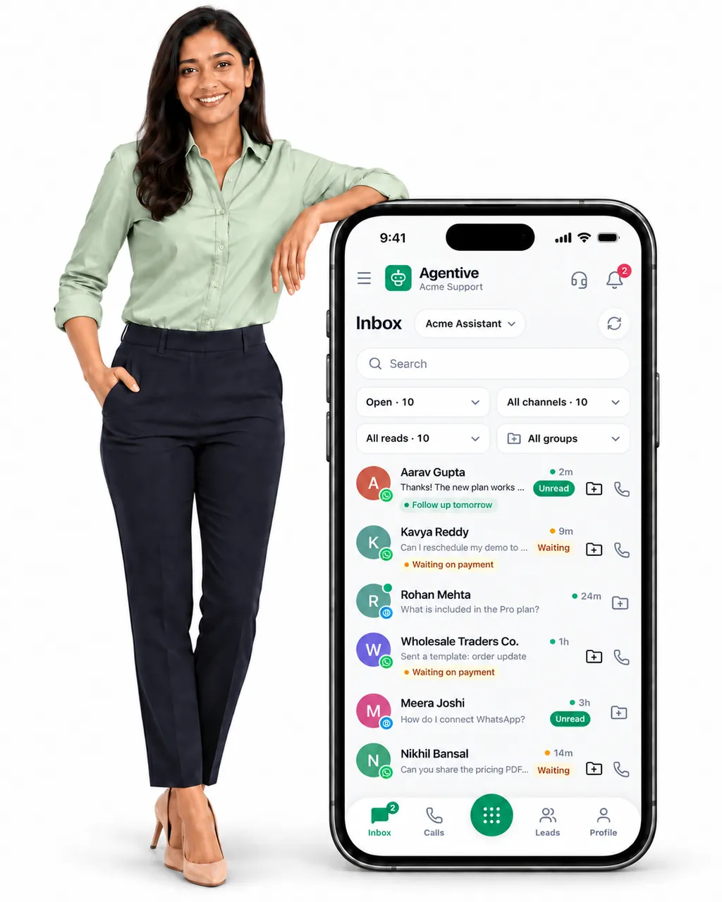 A business owner running their website and WhatsApp chats from the Agentive mobile app