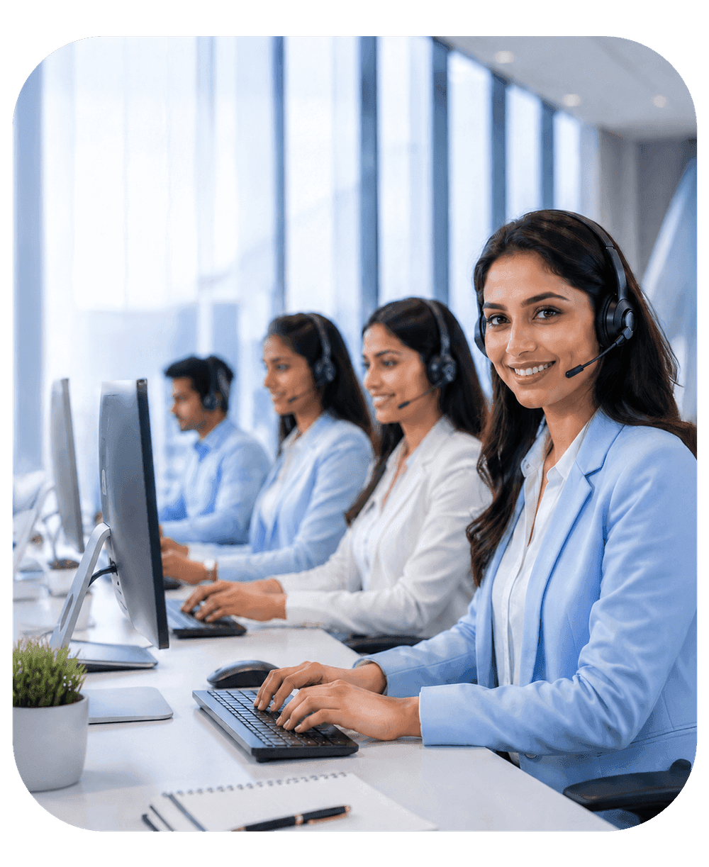 Agentive call center software: a team of support agents taking calls on headsets in a modern office