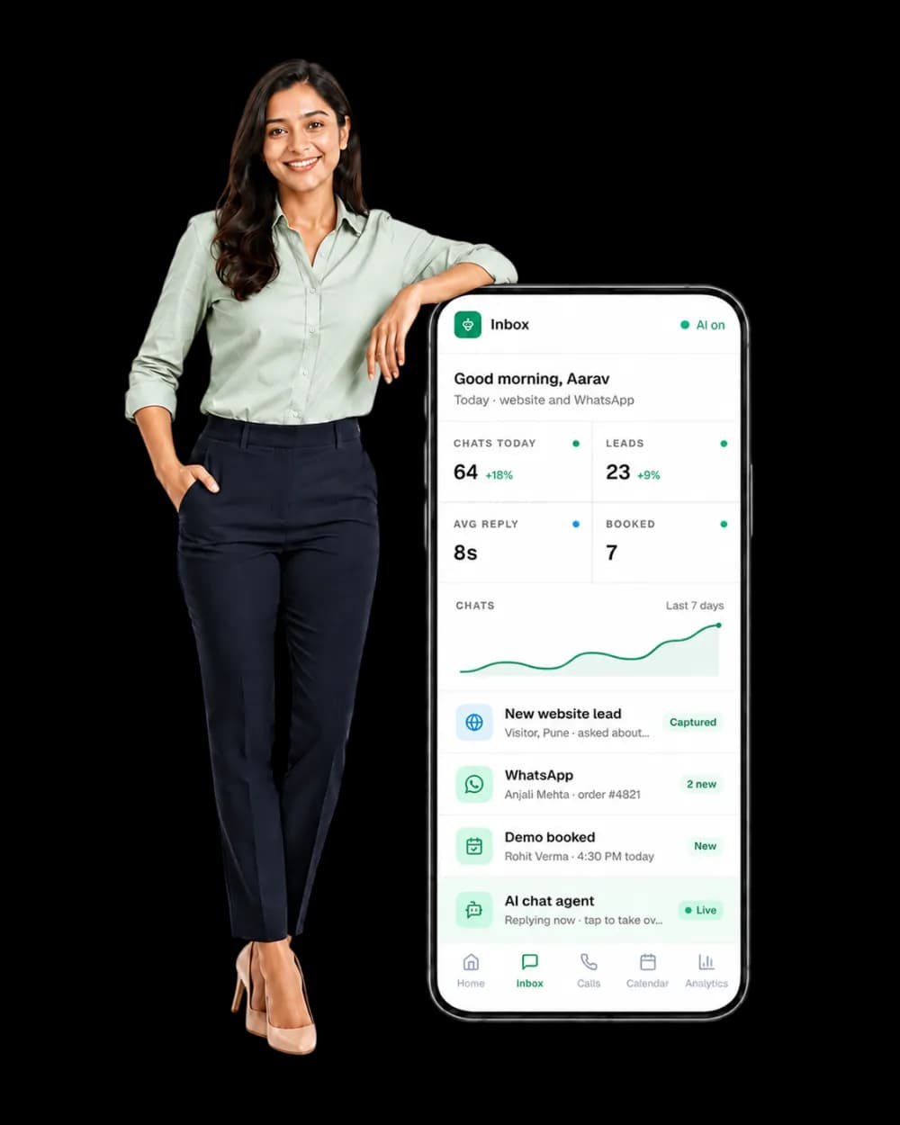 A business owner running their website and WhatsApp chats from the Agentive mobile app