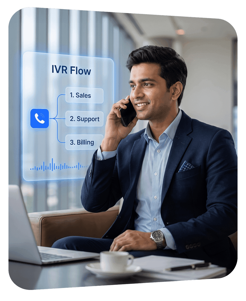 Agentive IVR system: a caller routed through a multi-level IVR flow with Sales, Support and Billing options